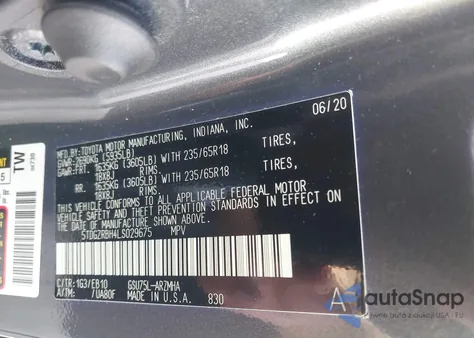 2020 Toyota Highlander Xle z USA, uszkodzony, nr VIN 5TDGZRBH4LS029675